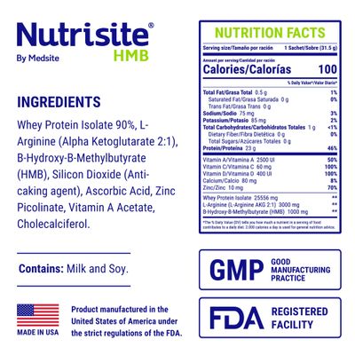 Nutrisite HMB - Special Medical Purpose Food, Single Pack - Modular Powdered Formula Based on Whey Protein Isolate, L-Arginine, HMB, Vitamins A, C, D, and Zinc - Mix with Orange Juice (1.11 Oz)