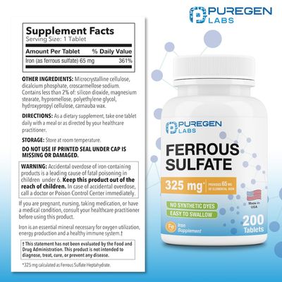 Puregen Labs Ferrous Sulfate 325 mg (65 mg Elemental Iron) High Potency Iron Supplement | No Artificial Color Additives - 200 Tablets Made in USA