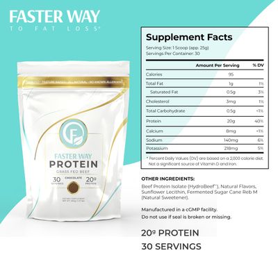 FASTer Way to Fat Loss | Grass Fed Protein Powder Chocolate Flavor, Dairy-Free Alternative to Whey Protein Powder, Pure Hydrolyzed Beef Protein Isolate with All 9 Essential Amino Acids. Non-GMO - 660g