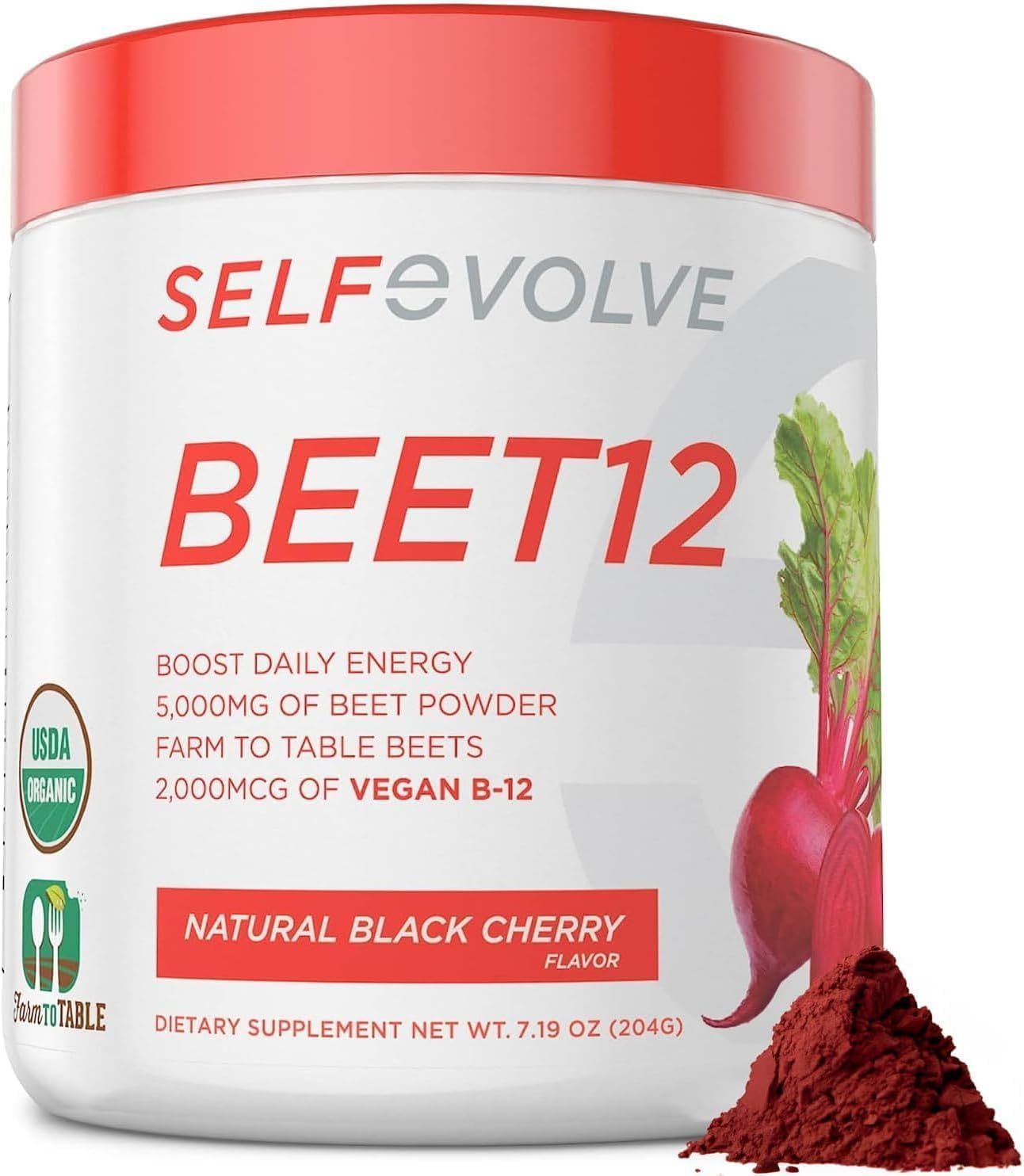 selfevolve Beet12 - Organic Beet Root Powder Enhanced with Vitamin B12, Nitric Oxide Booster, Beet Juice Powder Support Natural Energy, Beet Powder with Black Cherry Flavor, 30 Servings