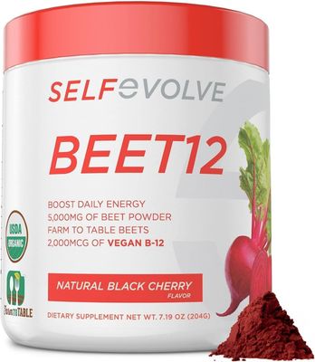 selfevolve Beet12 - Organic Beet Root Powder Enhanced with Vitamin B12, Nitric Oxide Booster, Beet Juice Powder Support Natural Energy, Beet Powder with Black Cherry Flavor, 30 Servings