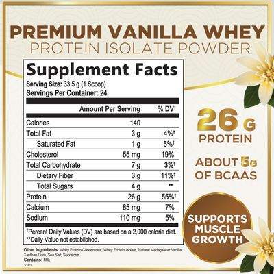 Whey Protein Powder, Creamy Vanilla Whey Isolate with 26g Protein &amp; BCAAs - Support Muscle Growth, Recovery &amp; Fitness - Gluten Free, Fast Absorbing, Easy Digesting for Women &amp; Men - 24 Servings