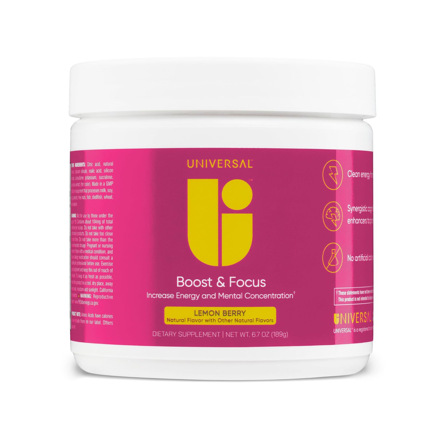 Universal U Boost &amp; Focus Powder, Increase Energy and Cognitive Performance, Pre Workout, Custom Dosing, VIT B12, Niacin, Choline, L-Tyrosine, No Artificial Flavors, 30 Servings (Lemon Berry)