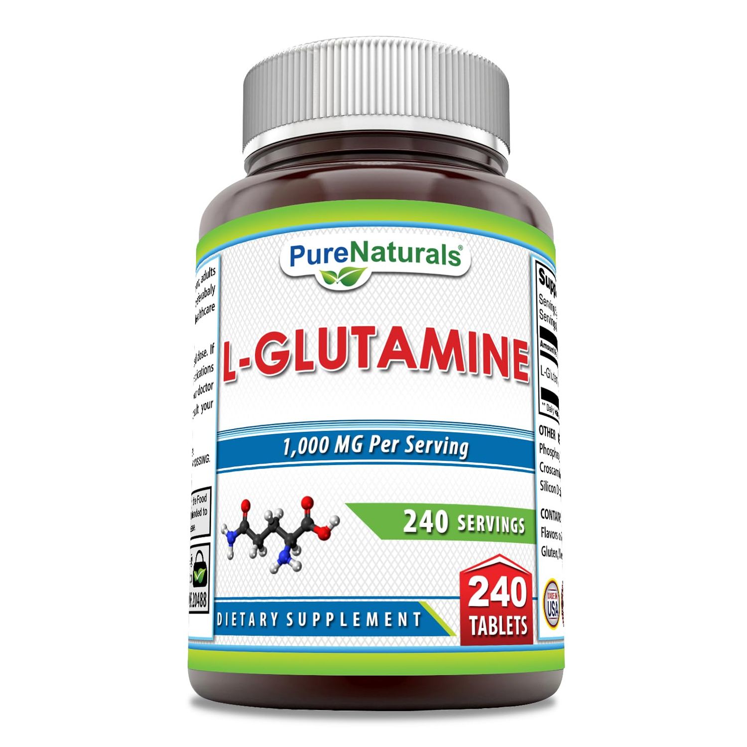 Pure Naturals L-Glutamine Supplement | 1000 Mg Per Serving | 240 Tablets | Non-GMO | Gluten Free | Made in USA