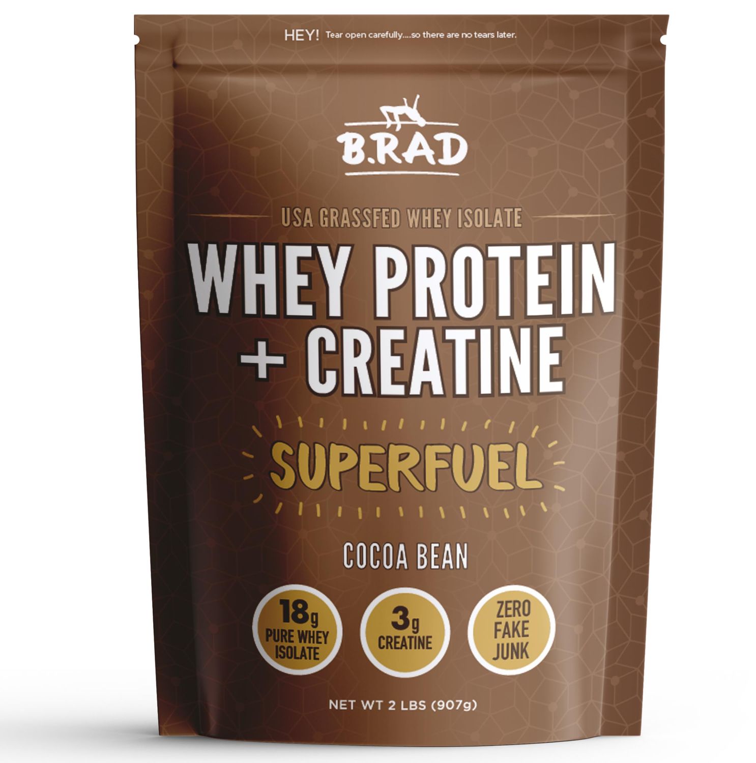B.rad Grass Fed Whey Protein Isolate Powder with Creatine | Ultra-Pure, All-Natural Clean Ingredients | Superfuel with Whey and Creatine | 100% USA Sourced | Delicious Cocoa Bean (Chocolate) Flavor