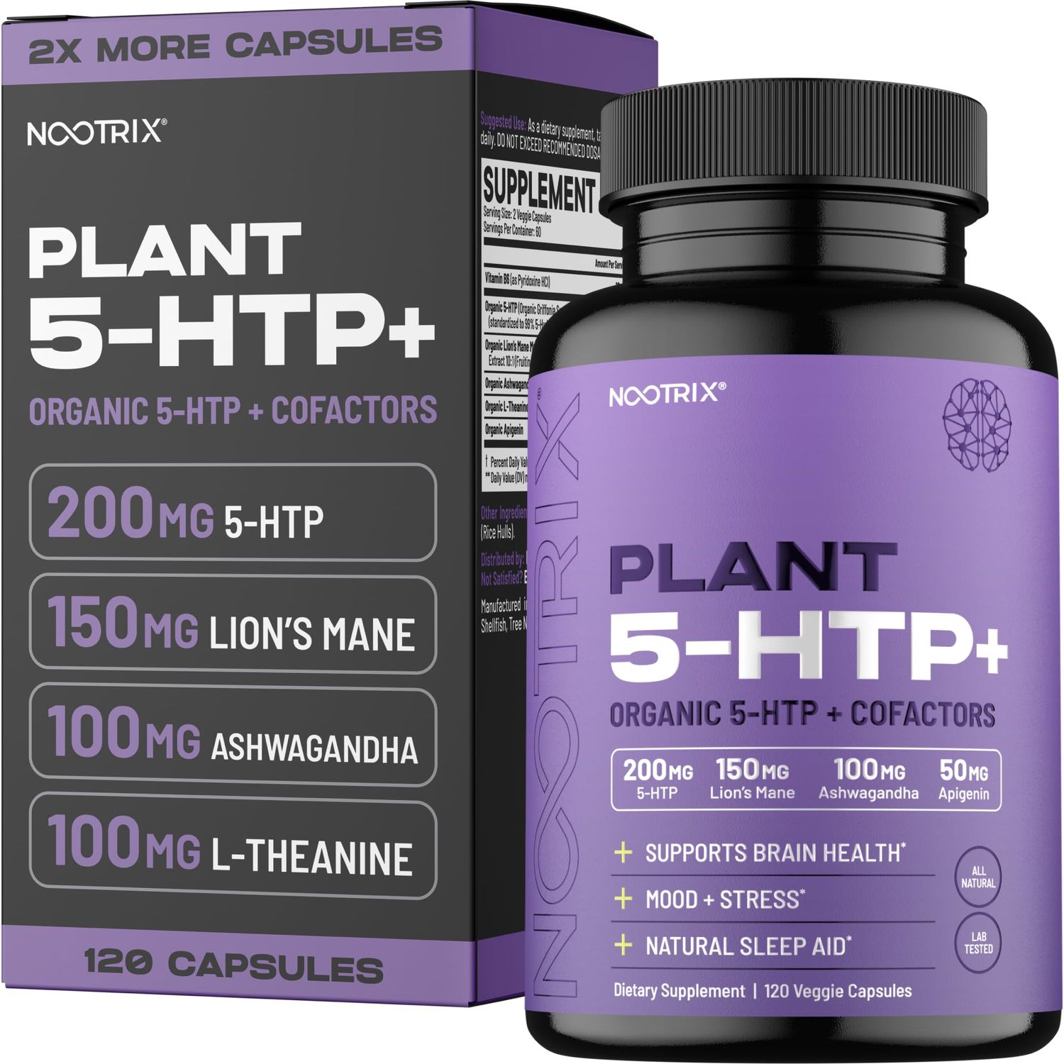 Nootrix Organic Plant 5 HTP+ Cofactor, 200mg | Brain Supplement, Supports Mood, Cognitive Health &amp; Better Sleep | Vitamin B6 &amp; L Theanine | 120 Capsules