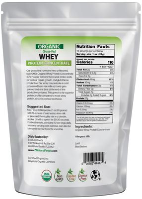 Z Natural Foods Organic Whey Protein Concentrate - Nutrient-Dense Grass Fed Whey Protein Powder - Cold Processed Pure Whey Protein with Essential Amino Acids for Nutrition &amp; Fitness, Unflavored, 1 lb