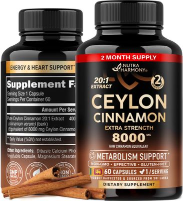 Ceylon Cinnamon Capsules - 8000 mg, Extra Strength - Made in USA - Energy, Heart &amp; Metabolism Support - for Men &amp; Women - Pure Natural Extract 20:1 Supplement - 60 Vegan Capsules, 2 Month Supply
