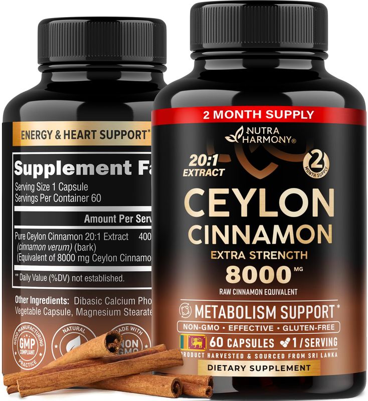 Ceylon Cinnamon Capsules - 8000 mg, Extra Strength - Made in USA - Energy, Heart &amp; Metabolism Support - for Men &amp; Women - Pure Natural Extract 20:1 Supplement - 60 Vegan Capsules, 2 Month Supply