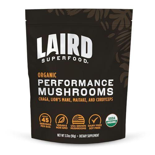 Laird Superfood Organic Performance Mushroom Blend with Chaga, Cordyceps, Lion&#39;s Mane and Maitake for Energy and Cognition, 3.17 oz. Bag, Pack of 1