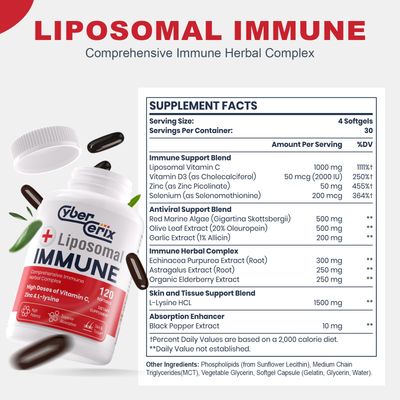 CyberCerix Advanced Liposomal Immune Supplement, Complex with L-Lysine 1,500mg, Vitamins, Minerals &amp; Herbal Extracts, Comprehensive Daily Wellness Blend for Men &amp; Women - 120 Capsules