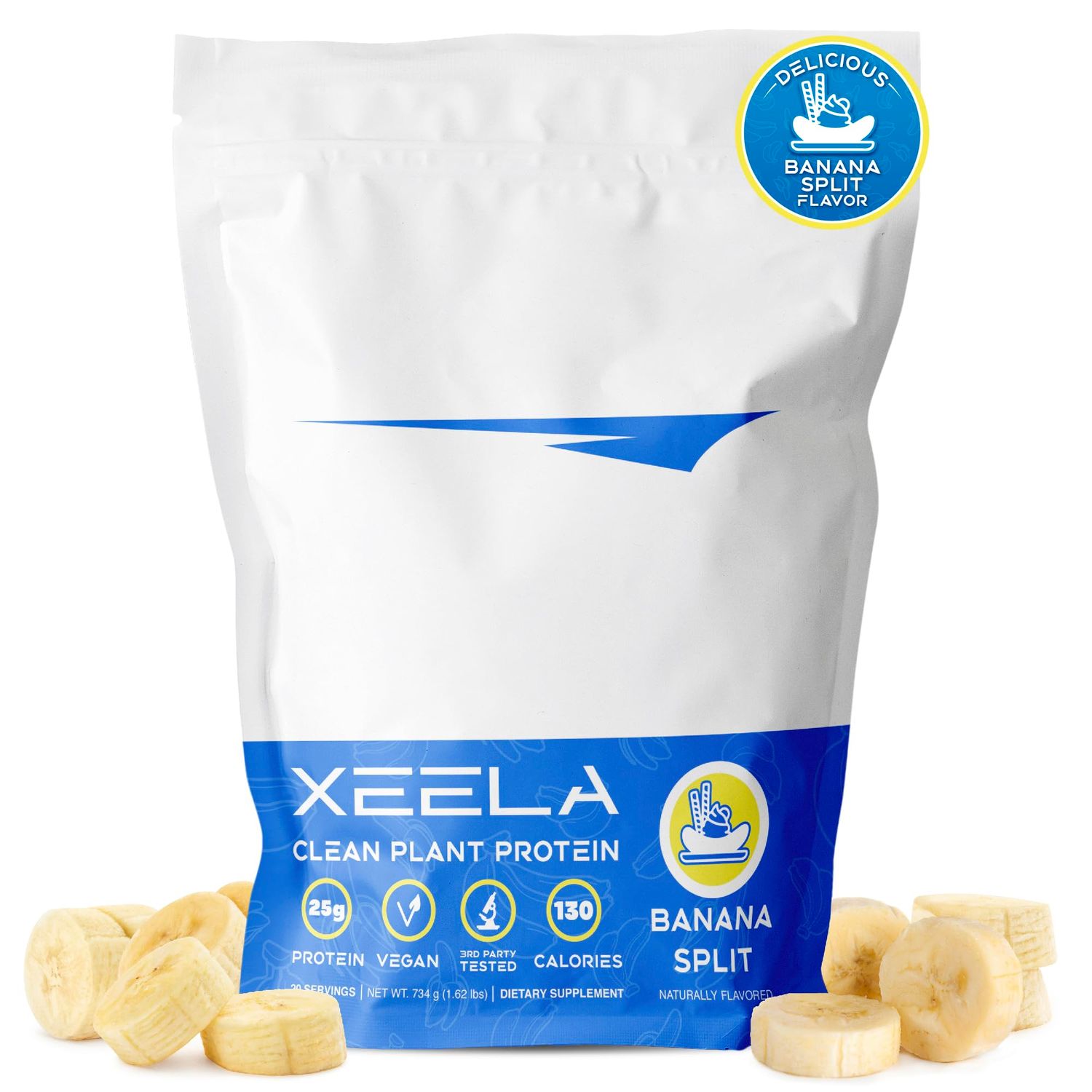 XEELA Plant Based Vegan Protein Powder - Independently Tested - 25g High Protein, Pea Protein for Men &amp; Women - Vitamins &amp; Minerals, Non GMO, Dairy &amp; Gluten Free, LowCarb &amp; LowFat (Banana Split)
