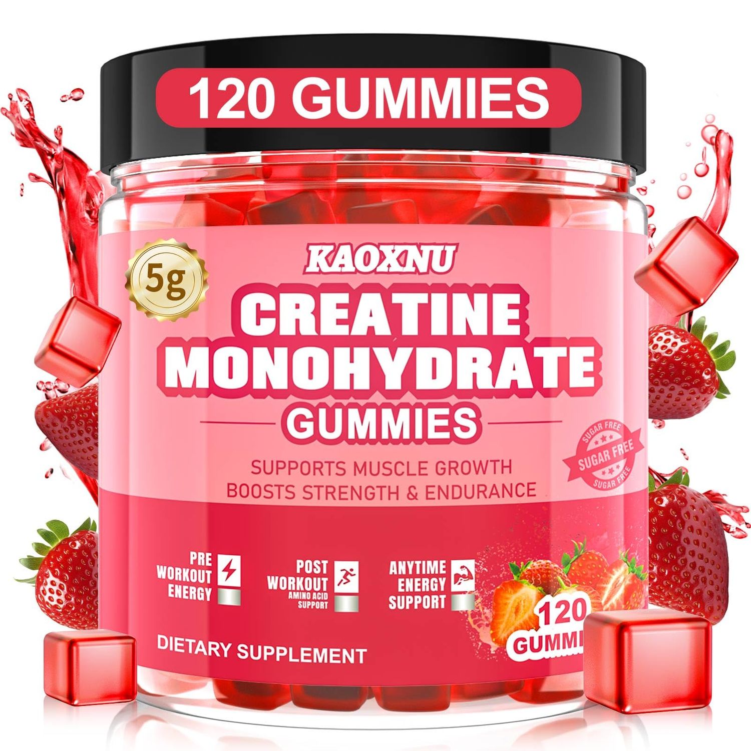 Creatine Monohydrate Gummies for Men &amp; Women 120 CT - 5600mg of Creatine Monohydrate per Serving - Sugar Free Chewable Creatine for Muscle Strength, Energy Boost, Muscle Builder (Strawberry Flavor)