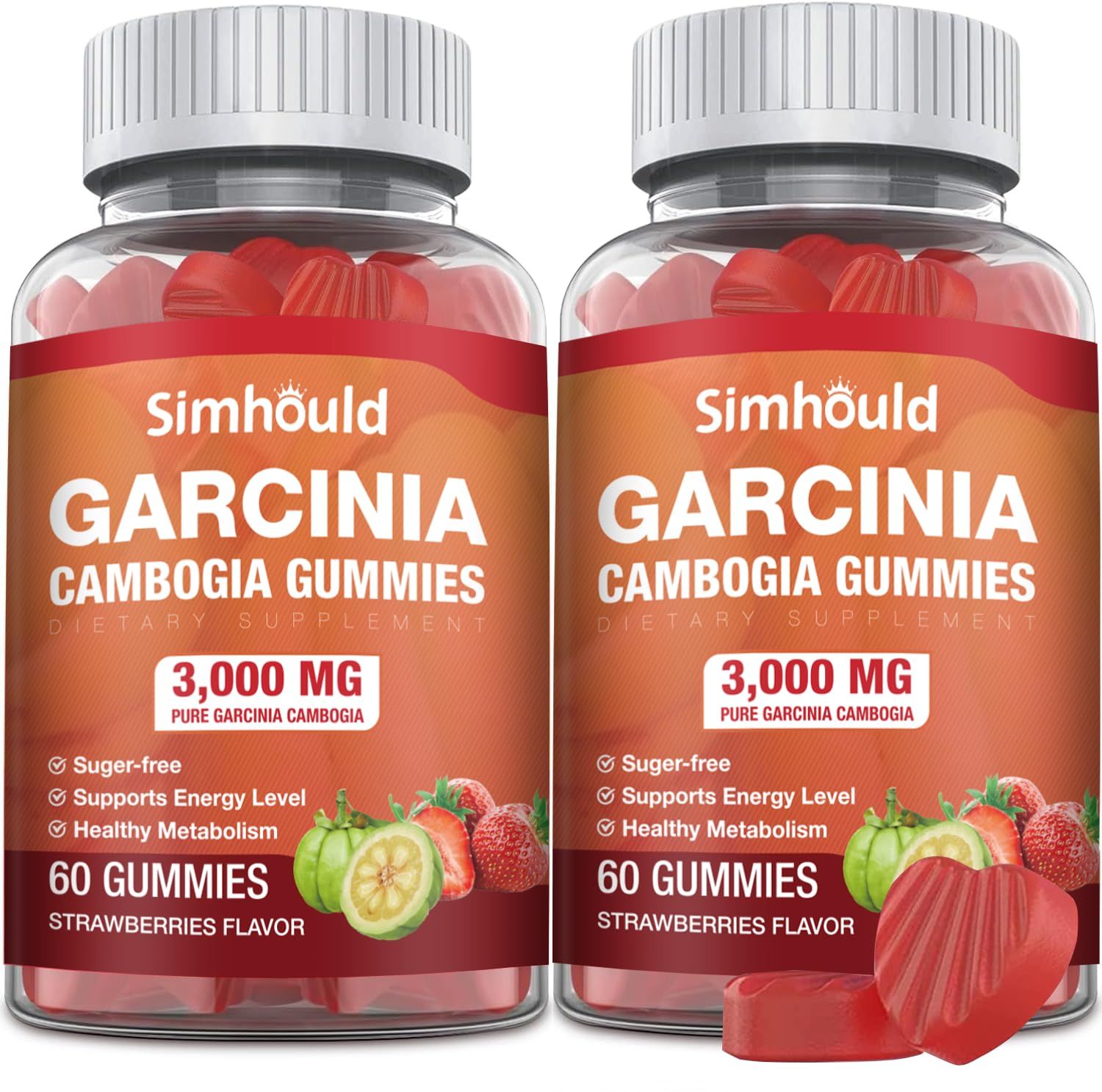Simhould 2 Pack Sugar Free Garcinia Cambogia Gummies - 3000mg 95% HCA with L-Carnitine, Energy Boost, Strawberry Flavor Gummy Easier to Take Than Pills &amp; Capsules 120 Counts