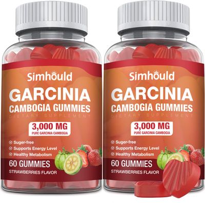 Simhould 2 Pack Sugar Free Garcinia Cambogia Gummies - 3000mg 95% HCA with L-Carnitine, Energy Boost, Strawberry Flavor Gummy Easier to Take Than Pills &amp; Capsules 120 Counts
