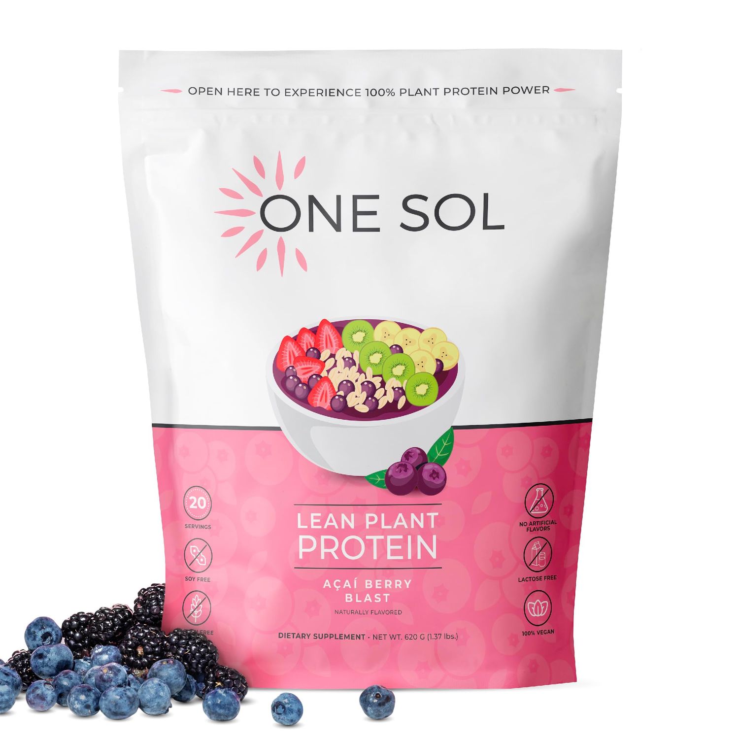 One Sol Protein Powder, Lean &amp; Low Carb, No Bloating, Gluten Free, Lactose-Free, No Sugar Added, Soy Free, Non-GMO, 100% Plant-Based &amp; Vegan Friendly (Acai Berry Blast)