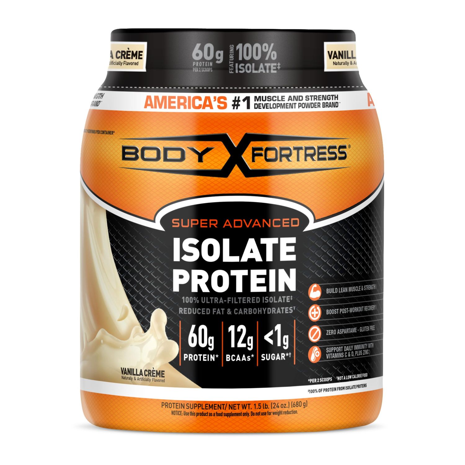 Body Fortress 100% Ultra-Filtered Isolate Protein Powder, Vanilla, 60g Protein &amp; 12g BCAAs Per 2 Scoops, Muscle Gain &amp; Recovery, Immune Support with Vitamins C &amp; D, 1.5lbs,Packaging May Vary
