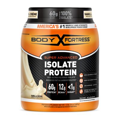 Body Fortress 100% Ultra-Filtered Isolate Protein Powder, Vanilla, 60g Protein &amp; 12g BCAAs Per 2 Scoops, Muscle Gain &amp; Recovery, Immune Support with Vitamins C &amp; D, 1.5lbs,Packaging May Vary
