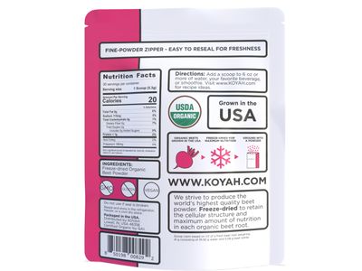 KOYAH - Organic USA Grown Beet Powder (1 Scoop = 1/2 Beet): 30 Servings, Freeze-Dried Beetroot, Whole-Root Powder, Add to Water, Juice or Smoothies.