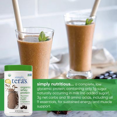 simply tera's organic whey protein powder, dark chocolate flavor