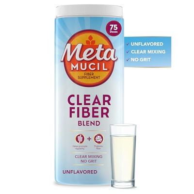 Metamucil Fiber Supplement, Unflavored Clear Mixing Powder, No Grit, No Sugar Added, Plant Based Prebiotic Fiber Blend for Daily Digestive Health, 75 teaspoons