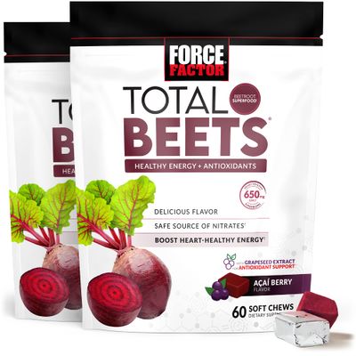 Force Factor Total Beets Soft Chews with Beetroot, Nitrates, L-Citrulline, Grapeseed Extract, &amp; Antioxidants, Healthy Energy Supplement with Elite Ingredients for Heart, Superfood, 120 Count, 2-Pack