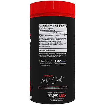 Insane Labz Psychotic Diablo Thermogenic Fat Burner for Men and Women with Grains of Paradise Theobromine Dandelion Root Extract Fueled by AMPiberry, Appetite Suppressant - 60 Servings