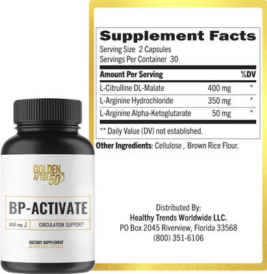 Golden After 50 BP-Activate - Nitric Oxide Supplement with Essential Amino Acids - Blood Circulation and Heart Health Support Supplement - 60 Capsules - 800mg L Arginine, AAKG, L Citrulline