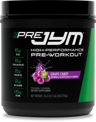 JYM Supplement Science Pre JYM Grape Candy Pre Workout Powder for Men &amp; Women, BCAAs, Nootropics, Creatine HCI, Citrulline, Beta-Alanine, Betaine, Taurine, Huperzine, 30 Servings