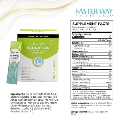 Faster Way Hydration Lemon Lime Flavor - Electrolyte Boost with Apple Cider Vinegar, Choline for Brain Clarity, Probiotics for Digestive Health