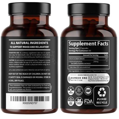 N1N Premium 5-HTP 200mg Plus Calcium, Made from Griffonia Seed Extract, Non GMO and Gluten Free, 120 Caps