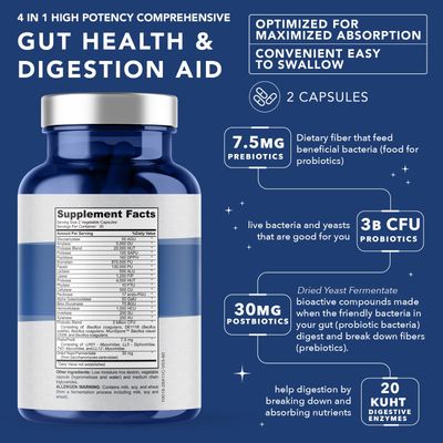 4-in-1 Prebiotic Probiotic &amp; Postbiotic for Women &amp; Men, Complete Gut &amp; Digestive Support Supplement, Pre Post Probiotics &amp; Digestive Enzymes 60 Capsules