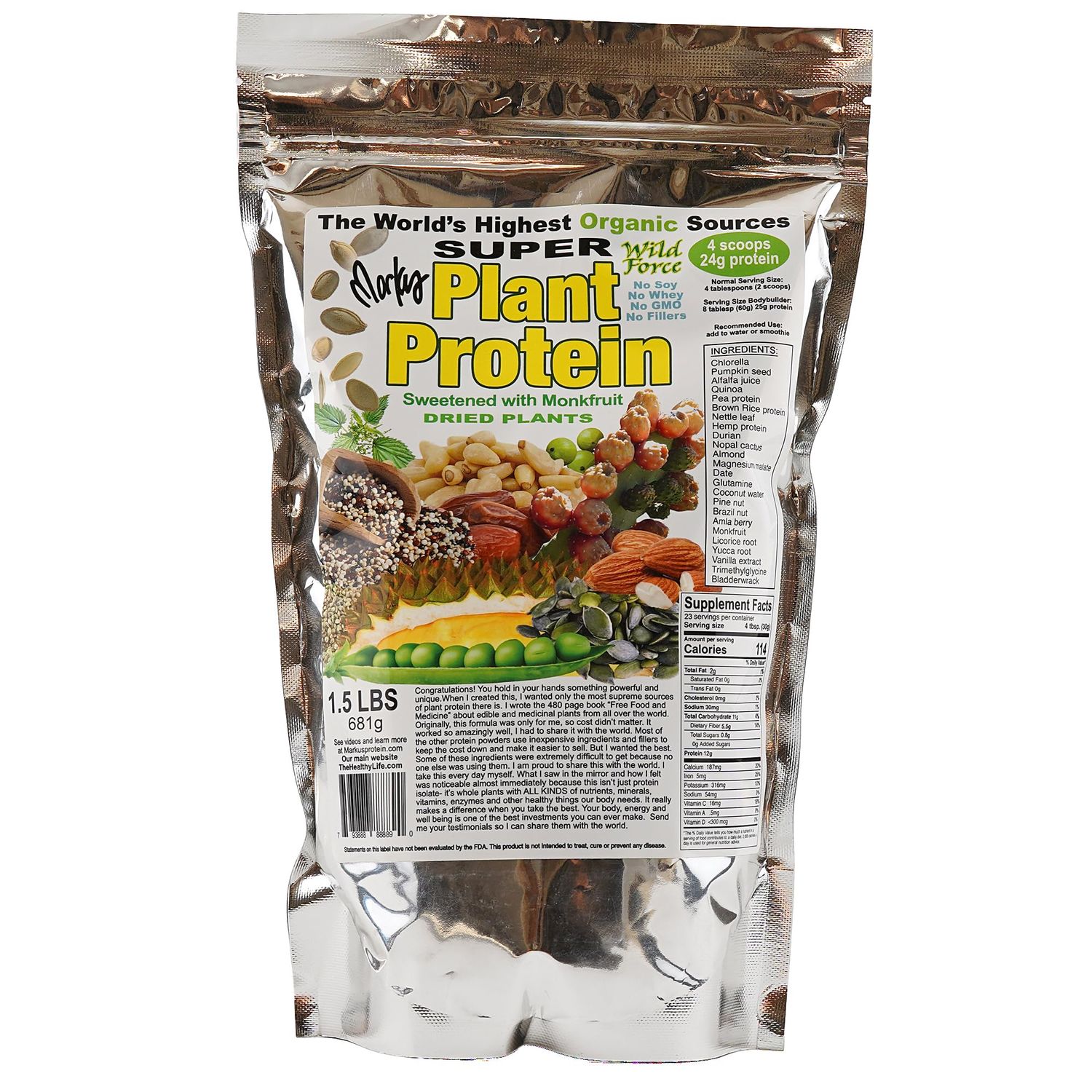 Wild Force Super Plant Protein Sweetened - Raw Vegan Protein Powder Enriched with Exotic Pine Nuts, Chlorella, Durian, &amp; Prickly Pear Cactus - Digestive-Friendly, Nutrient-Rich, Unprocessed - 681g