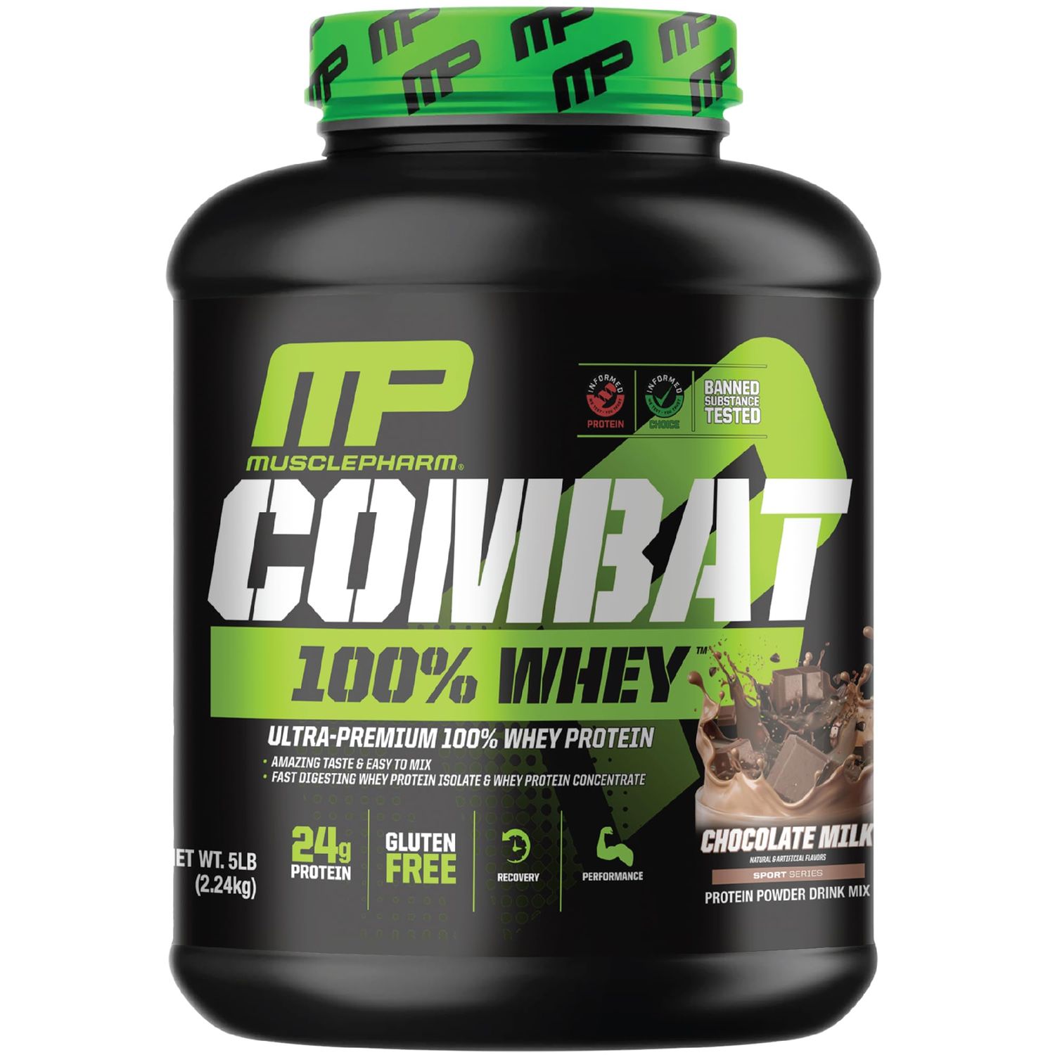 MusclePharm Combat 100% Whey Protein Powder, Chocolate Milk, Fast Recovery &amp; Muscle Gain with Whey Protein Isolate, High Protein Powder for Women &amp; Men, Gluten Free, 5 Lb, 70 Servings