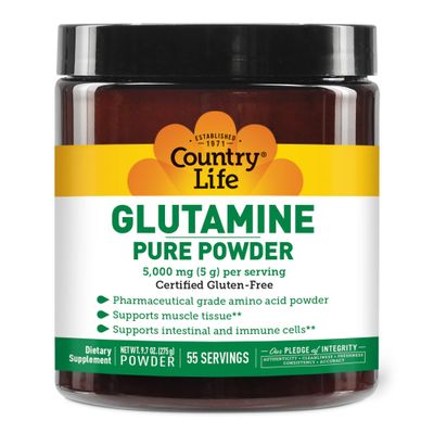 Country Life Glutamine Pure Powder - 5000mg L-Glutamine - Muscle Tissue, Gut Health, Immune Support - Gluten-Free Certified - Ideal Pre/Post Workout Amino Acid Supplement, 55 Servings, 9.7oz