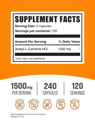 BulkSupplements.com Acetyl L-Carnitine Capsules - ALCAR HCl, Carnitine Supplement - ALCAR Capsules, Acetyl L-Carnitine 1500mg - Gluten Free, 2 Capsules per Serving, 240 Capsules