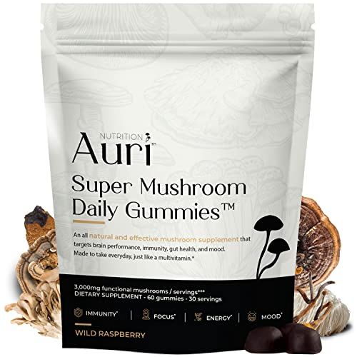 Auri Super Mushroom Daily Gummies - All-in-One Daily Mushroom Supplement Gummy - 12 Mushroom Blend with Chaga, Lions Mane, Reishi, Cordyceps - 60 Gummies