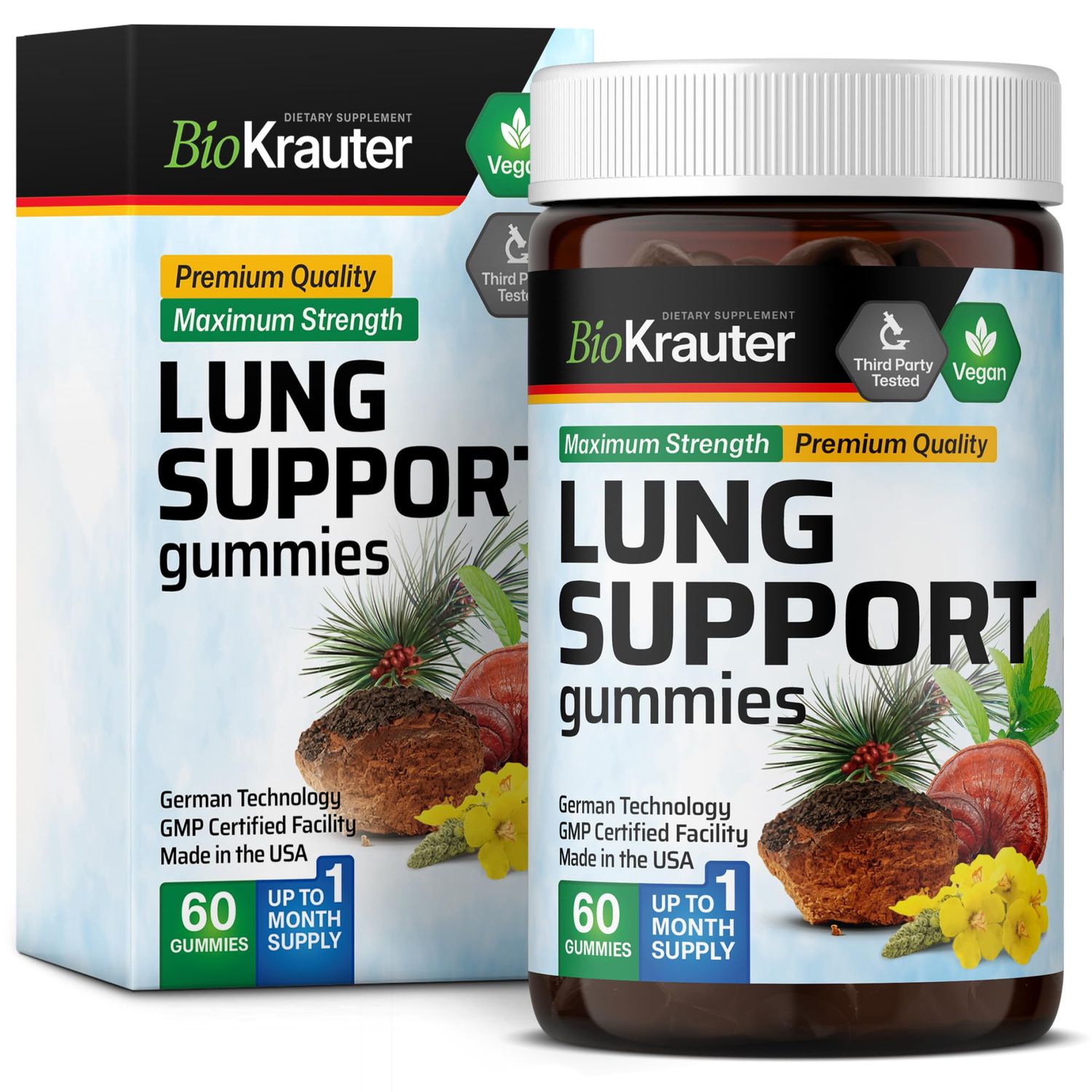 BIO KRAUTER Lung Support Gummies - 60 Vegan Chews - Lung Cleanse &amp; Support Herbal Supplement w/Vitamin C - Lung Detox Gummies with Mullein Leaf Blend - Respiratory Health Support