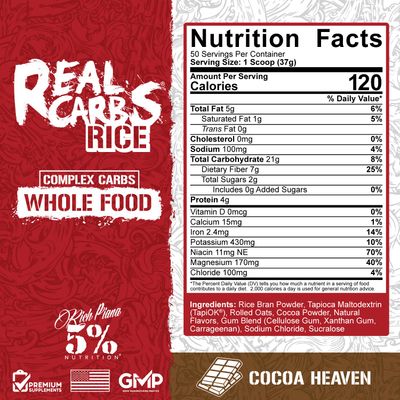 5% Nutrition Rich Piana Real Carbs Rice with Real Food Complex Carbohydrates, Long-Lasting Low Glycemic Energy for Pre-Workout/Post-Workout Recovery Meal, 3.5 lb, 40 Servings (Cocoa Heaven)