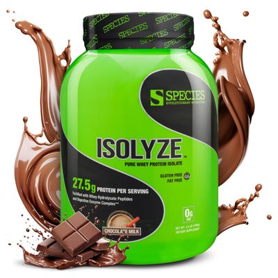 Species Nutrition Isolyze Whey Protein Powder, 100% Whey Isolate Protein, Whey Protein for Muscle Building, 27.5g Protein Per Scoop, No Sugar &amp; Low Fat Protein (Chocolate Milk, 44 Servings)