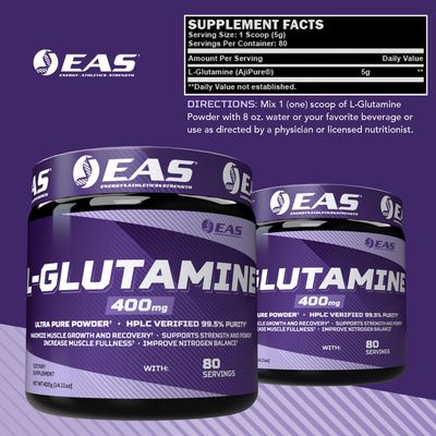 EAS L-Glutamine Powder | 99.5% Purity AjiPure Glutamine | Maximize Muscle Growth & Recovery | Improve Nitrogen Balance | 400mg, 80 Servings (Unflavored)