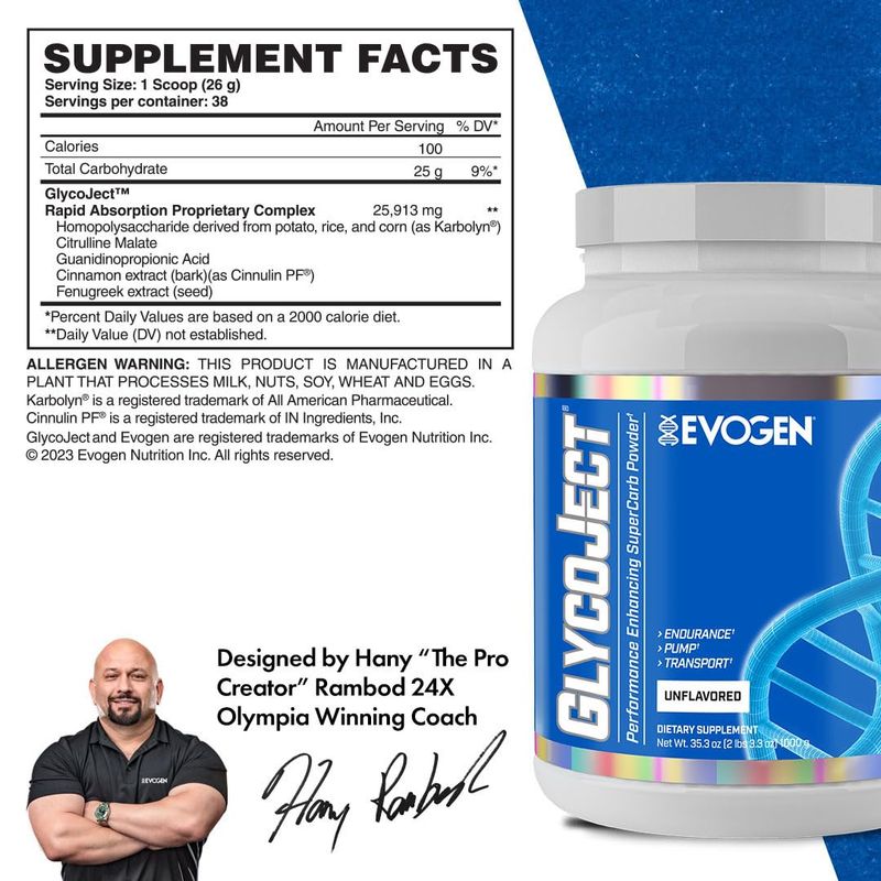 Evogen GlycoJect Powder Unflavored, Performance Carbohydrate Fuel for Muscle, Endurance, for Men &amp; Women, 36 Servings