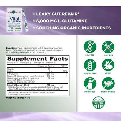 Vital Planet - Vital Gut Renew Powder Supplement for Leaky Gut Repair with L-Glutamine, Marshmallow and Ginger Root, DGL Licorice Root and Organic Aloe Vera, L Glutamine 6000mg, 20 Single Serve Packs