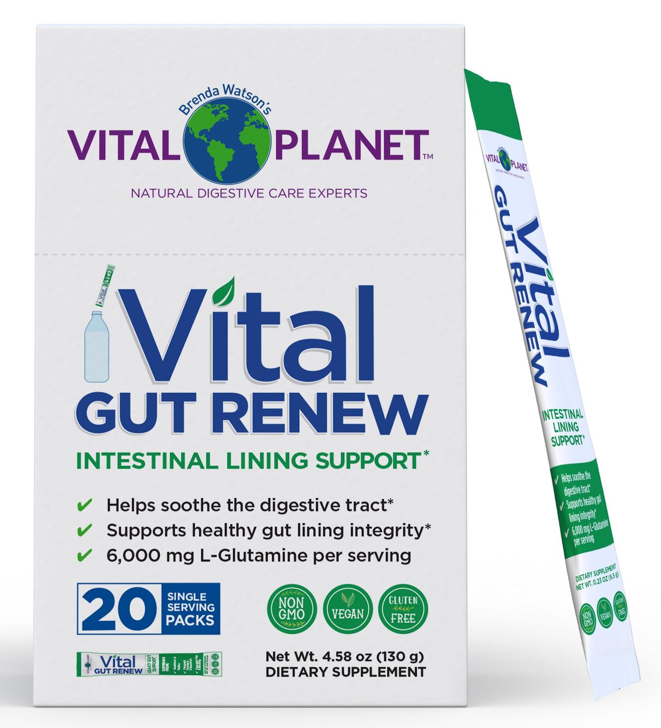 Vital Planet - Vital Gut Renew Powder Supplement for Leaky Gut Repair with L-Glutamine, Marshmallow and Ginger Root, DGL Licorice Root and Organic Aloe Vera, L Glutamine 6000mg, 20 Single Serve Packs