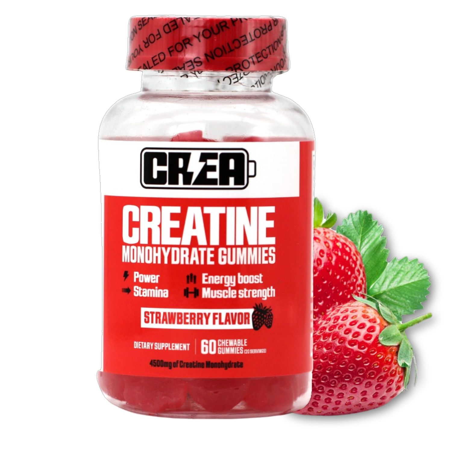 Creatine Monohydrate Gummies - 20 Servings, 4500mg of Creatine, 60 Gummies | Strawberry Flavor