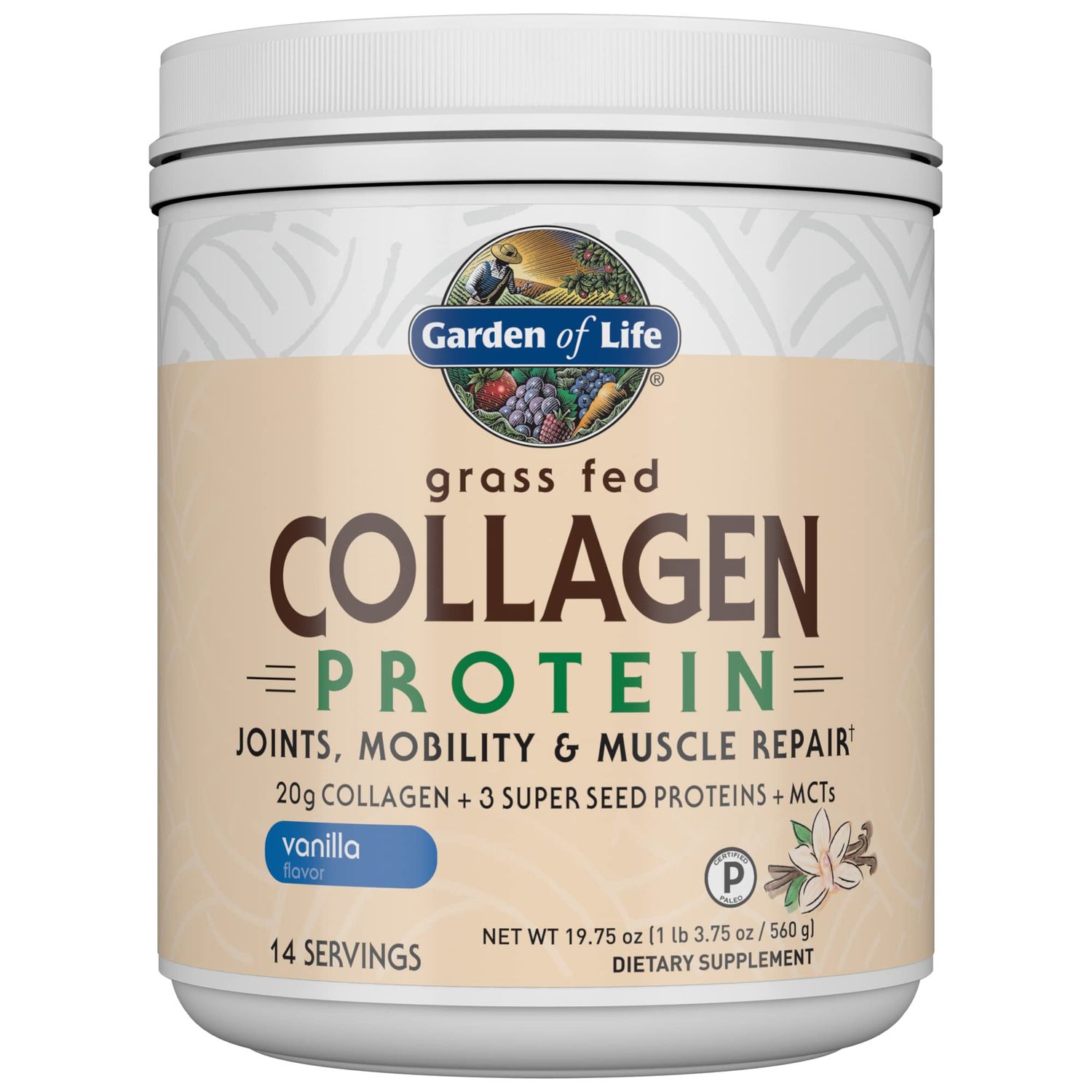 Garden of Life Grass Fed Collagen Protein Powder - Vanilla, 14 Servings, Collagen Powder for Joints Mobility Muscle Repair, Collagen Peptides, Super Seeds Coconut MCTs, Hydrolyzed Collagen Supplement