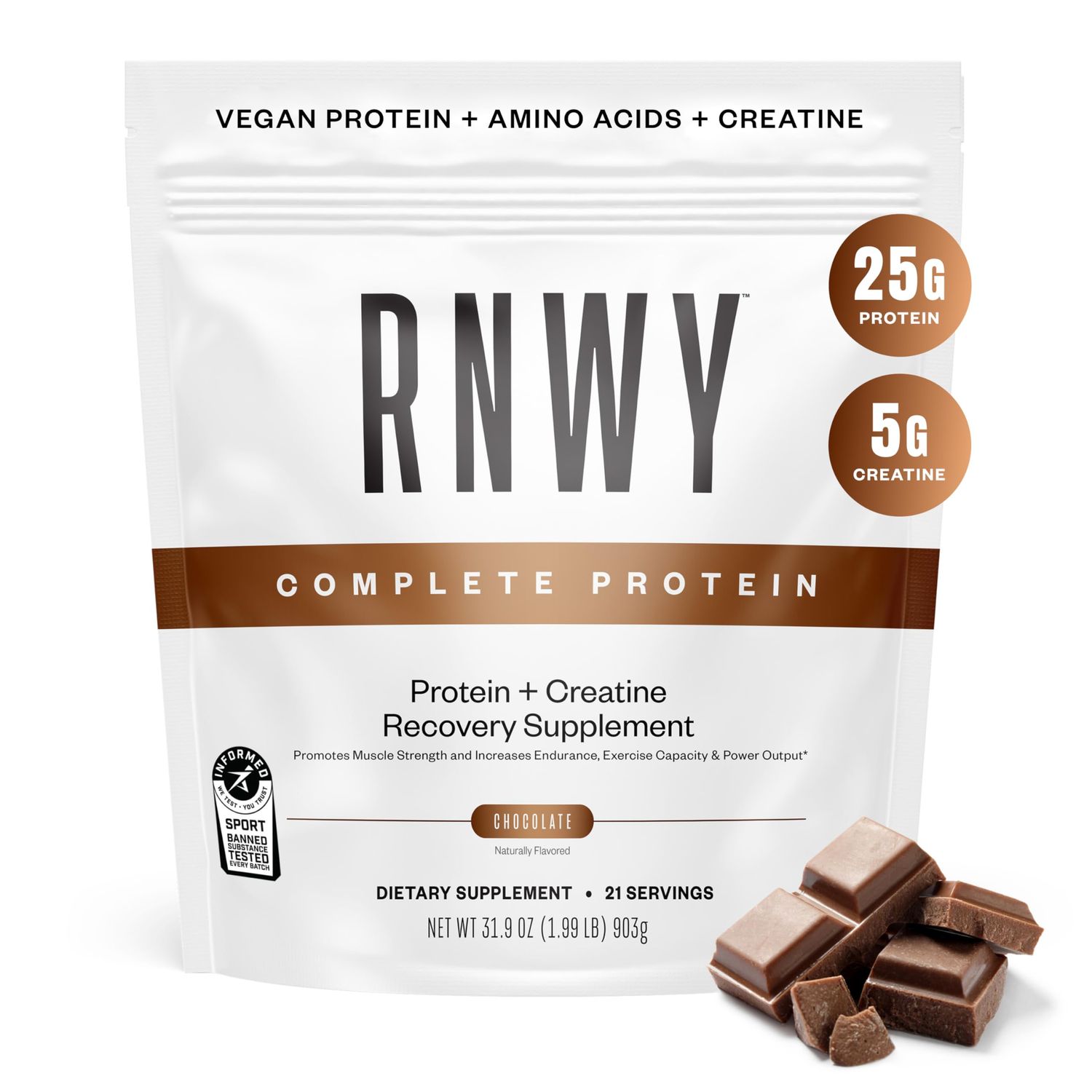 RNWY Chocolate Protein Powder + Creatine Monohydrate Powder, 25g Vegan Protein + 5g Creatine + 150mg Digestive Enzymes, Build &amp; Recover, 21 Servings