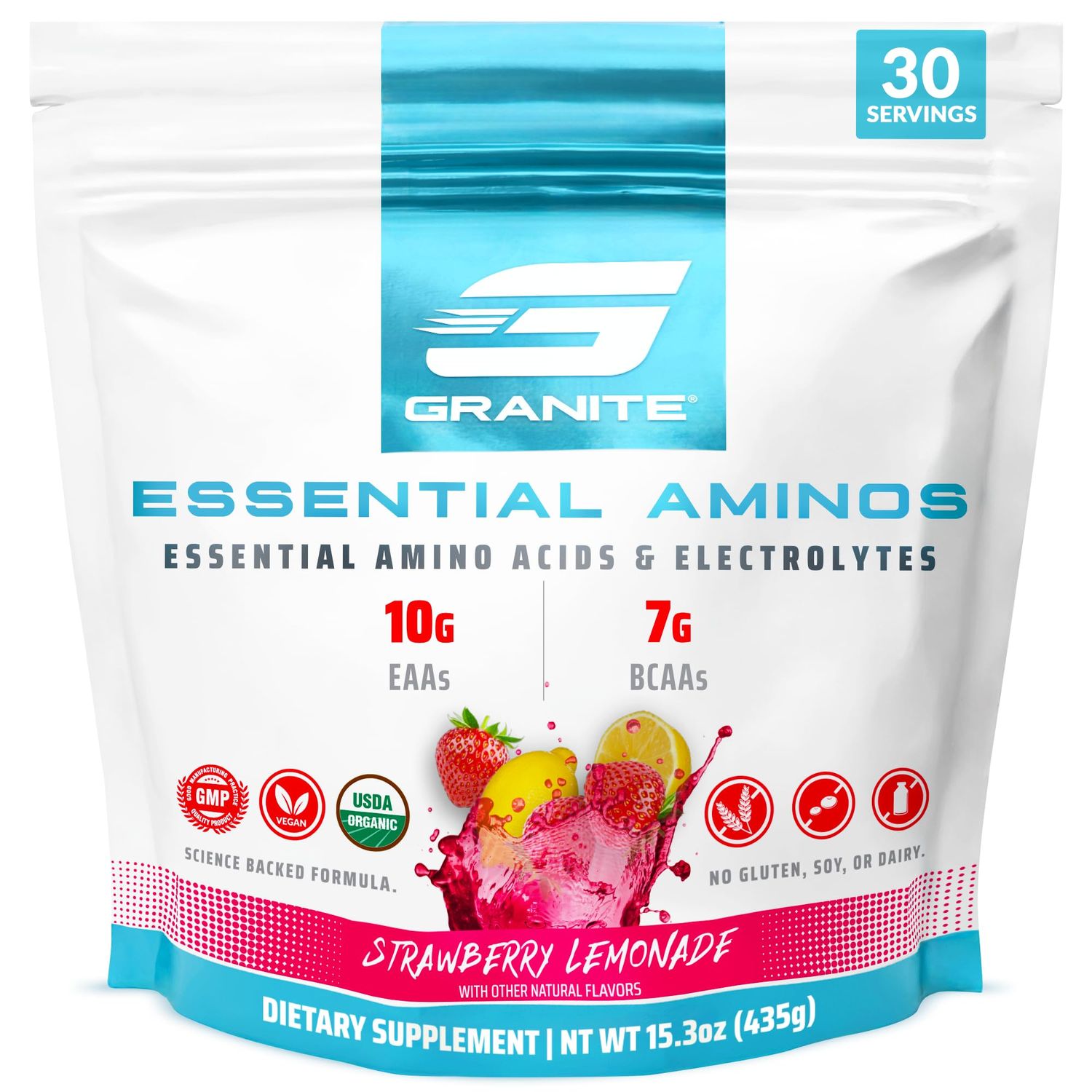 Granite 10g Essential Amino Acids Powder | Muscle Recovery Supplement for Muscle Growth | 7g BCAA Powder with Electrolytes | 30 Servings | Strawberry Lemonade Flavor | Soy &amp; Gluten Free | Made in USA