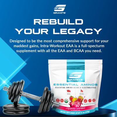 Granite 10g Essential Amino Acids Powder | Muscle Recovery Supplement for Muscle Growth | 7g BCAA Powder with Electrolytes | 30 Servings | Strawberry Lemonade Flavor | Soy & Gluten Free | Made in USA