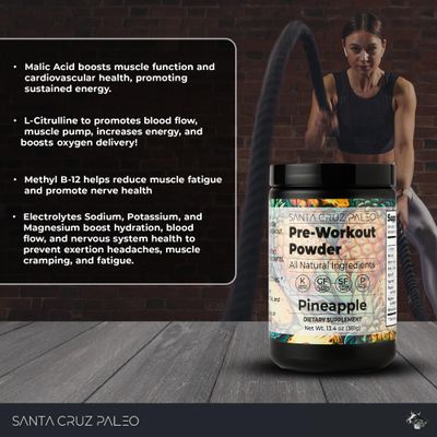 Santa Cruz Paleo Natural Pre Workout Powder, Pineapple, Keto Preworkout Electrolytes with Magnesium, Potassium, L-Citrulline, Caffeine Free, Sugar Free Drink Mix for Energy &amp; Hydration, 30 Servings